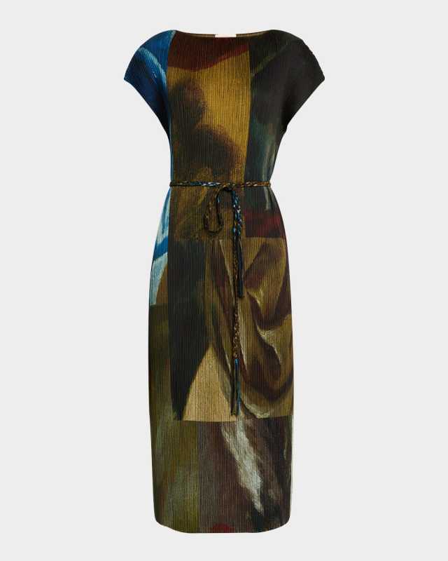 Pleated Abstract-Print Midi Dress